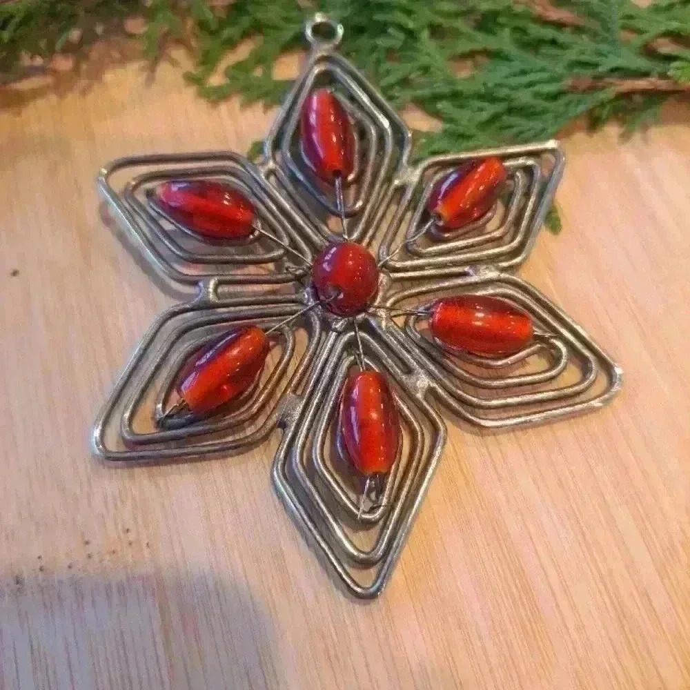 Christmas Holiday  Silver and Red  galss beads Star ornament